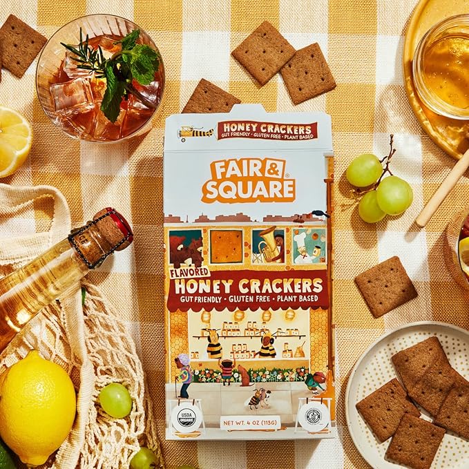 Fair & Square Gluten Free Graham Crackers Powered by Gut Friendly, Prebiotic Banana Flour | Organic, Vegan, Dairy Free, Allergen Friendly, Nut Free, High Calcium, Kosher | 4 oz (Pack of 2) - Honey Graham Crackers