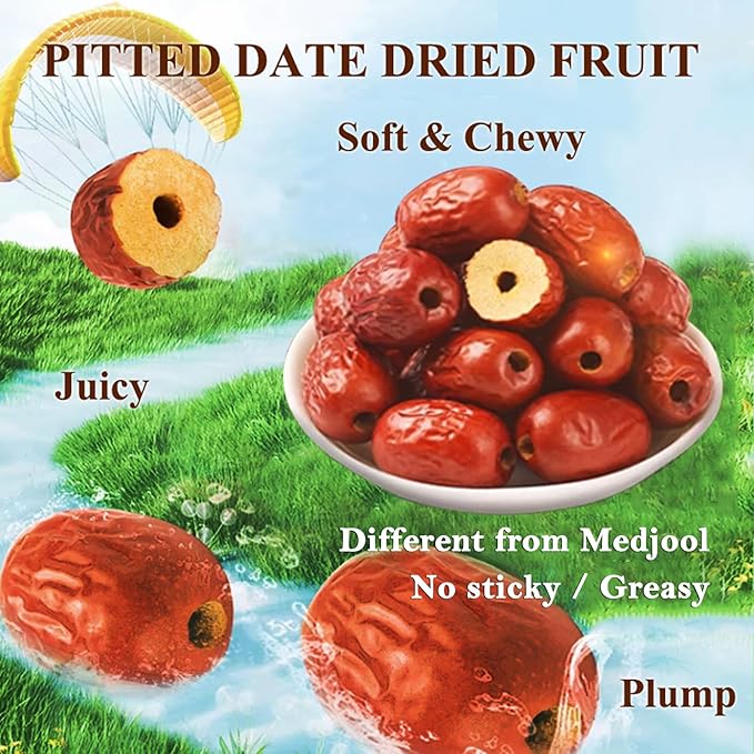 Dried Jujube Dates Pitted Red Date Natural Sweet Chinese 红枣 Dry Jujubees Fruit, Soft & Juicy & Plump & No Pit 말린대추 For Tea/Baking/Cooking