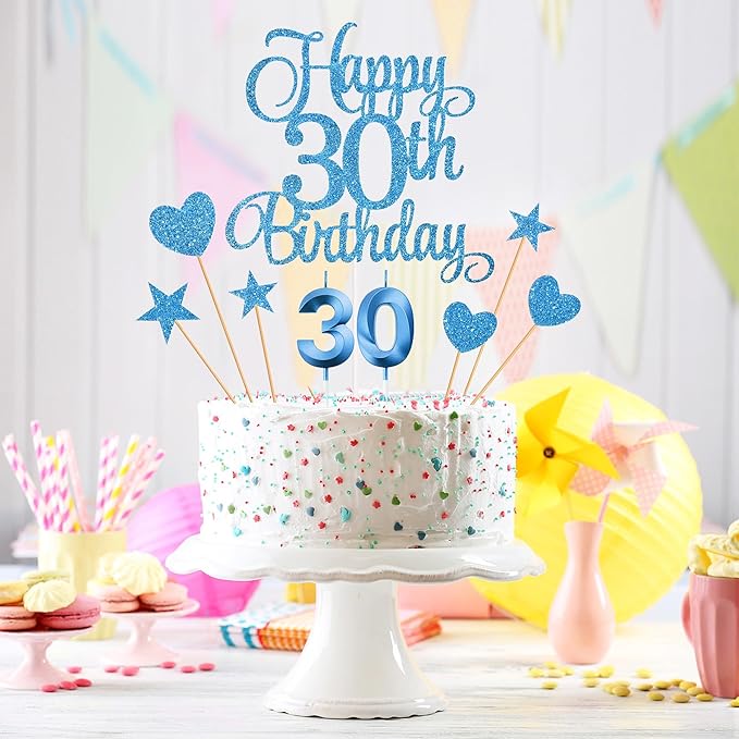 30th Birthday Cake Toppers, 30th Birthday Candles Numeral Candles and Glitter Cake Decorations Toppers Set for Party Supplies (Blue)