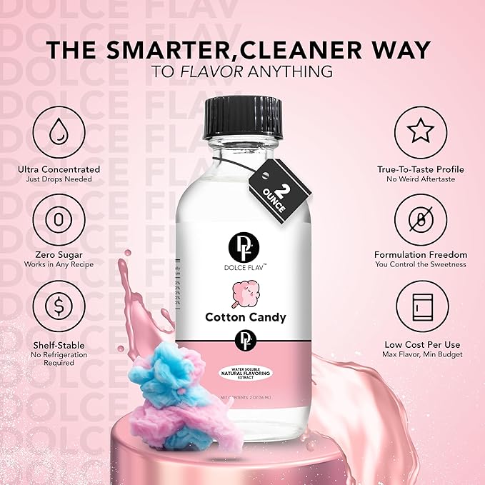 Dolce Flav Natural Cotton Candy Extract ??2 Ounce Water-Soluble Kosher, Sugar-Free, Concentrated Carnival-Style Flavoring for Baking, Frostings & Drinks, Includes Measured Dropper
