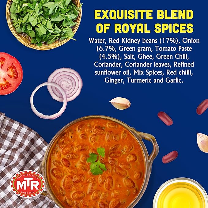 MTR - Minute Meals: Rajma Masala - Red Kidney Beans in Spiced Gravy - Authentic Indian Ready-to-Eat Meal - No Added Preservatives - A Quick Meal Suitable for Vegetarians, Ready in Minutes! (Pack of 6)