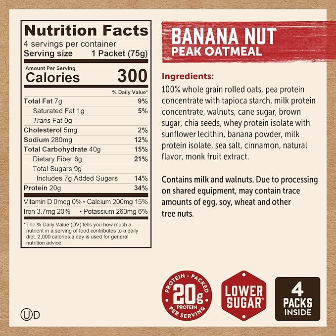Kodiak Cakes Peak Instant Oatmeal Packets, Banana Nut, High Protein,100% Whole Grains, 6 box with 4 packets each (Total of 24 packets)