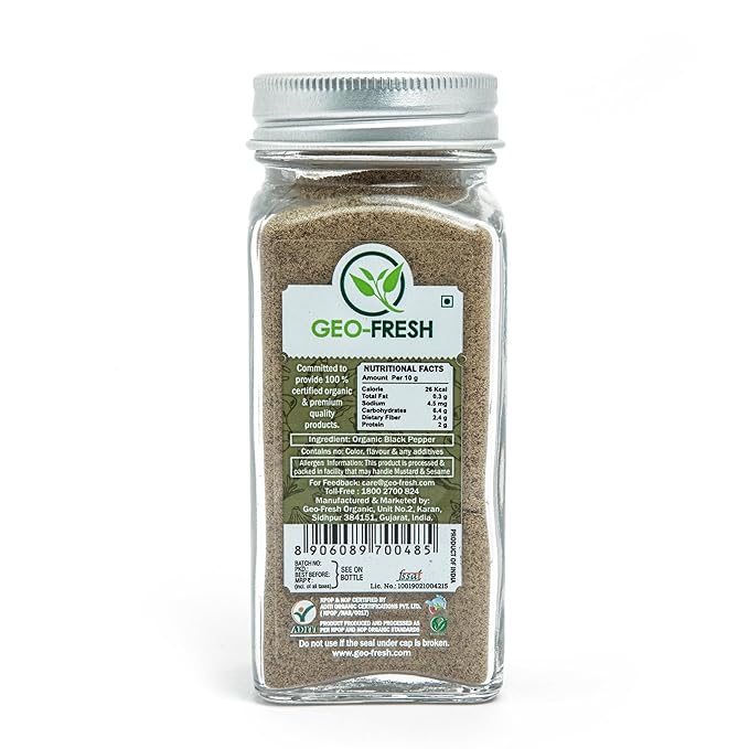 Geo-Fresh Organic Black Pepper Powder ??1.94 oz Glass Jar ??Black Pepper Ground ??USDA Certified ??Non-GMO, Kosher, Gluten-Free ??Premium Quality and Organic for Cooking & Seasoning