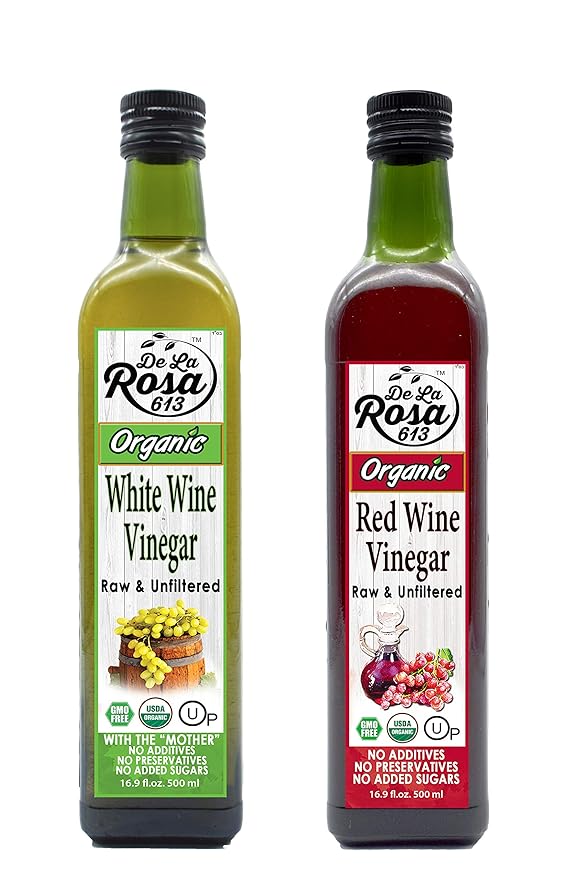 De La Rosa Organic Red & White Wine Vinegar, Raw & Unfiltered, with the “Mother”, Kosher for Passover, Vegan, Non-GMO & Gluten Free, Great for Salad Dressings & More 16.9 Oz (Pack of 2)