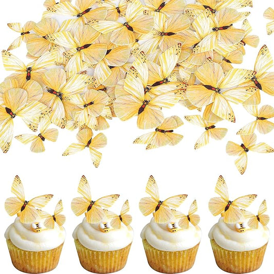 72PCS Edible Butterfly Cupcake Toppers Butterfly Cupcake Picks Edible Butterfly Cupcake Decorations for Butterfly Theme Baby Shower Kids Birthday Party Cake Decorations Supplies Yellow