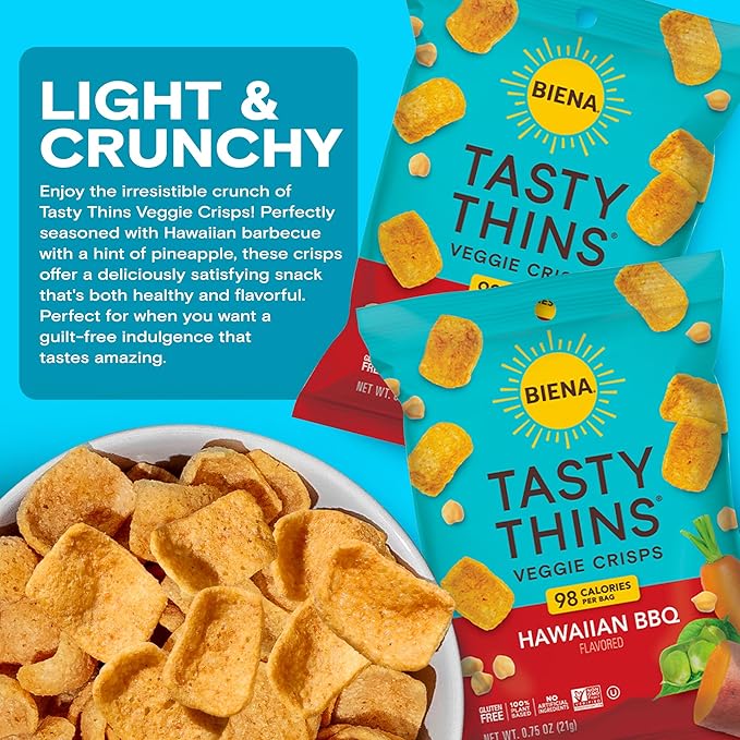 BIENA Tasty Thins Veggie Crisps ??Hawaiian BBQ, 0.75 Ounce (Pack of 12) ??Chickpeas & Veggies, Vegan, Gluten Free, Dairy-Free, Non-GMO, Allergy-Friendly, Healthy On-The-Go Snack for Kids & Adults