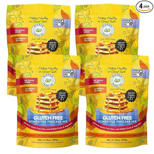 Hidden Foods Homestyle Gluten Free Protein Pancake Mix Oats, Fruit & Veggie Blend No Sugar Added Contains Milk Monk Fruit Sweetener Protein & Fiber Breakfast Meal Just Add Water - 12 oz - 4 Pack