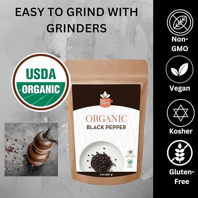 SPICY ORGANIC Whole Black Pepper - 4 lb. - Fresh and Aromatic Peppercorns, Perfect for Grinder Refill and Seasoning, USDA Certified Organic, Gluten-Free, Non-GMO Spice