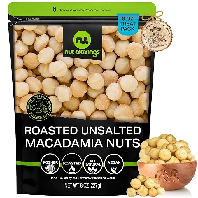 NUT CRAVINGS - Roasted Macadamia Nuts - No Shell, (8oz - 1 Pack) Bulk Nuts Packed Fresh in Resealable Bag - Healthy Protein Food Snack, Food Assortments