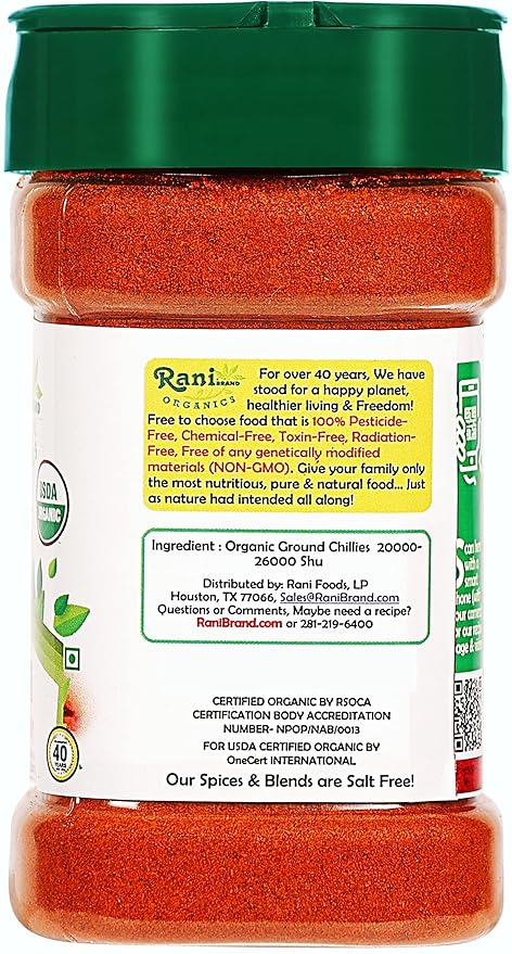 Rani Organic Chilli Powder (Mirchi Ground) 3oz (85g) PET Jar ~ All Natural | Vegan | Gluten Friendly | NON-GMO | Indian Origin | USDA Certified Organic