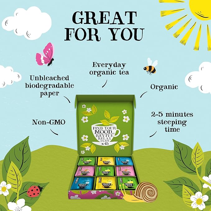 Clipper Tea: Organic Herbal & Green Tea Set, Gift Box – Tea Selection & Sampler with 5 Flavors Including Lemon, Ginger, and Bedtime Teas – Assorted Tea Bags in Colorful Tea Box, 45 Unbleached Tea Bags