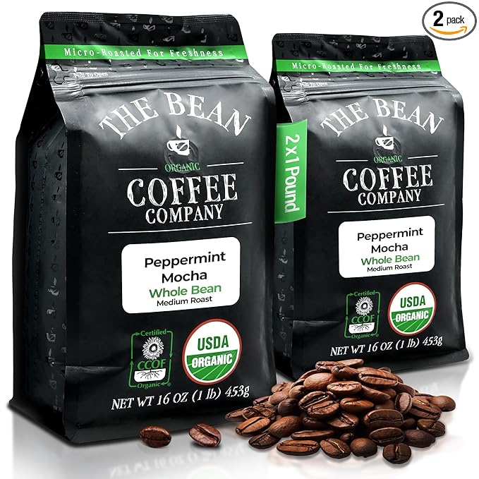 The Bean Organic Coffee Company Peppermint Mocha, Medium Roast, Whole Bean Coffee, 16-Ounce Bags (Pack of 2)
