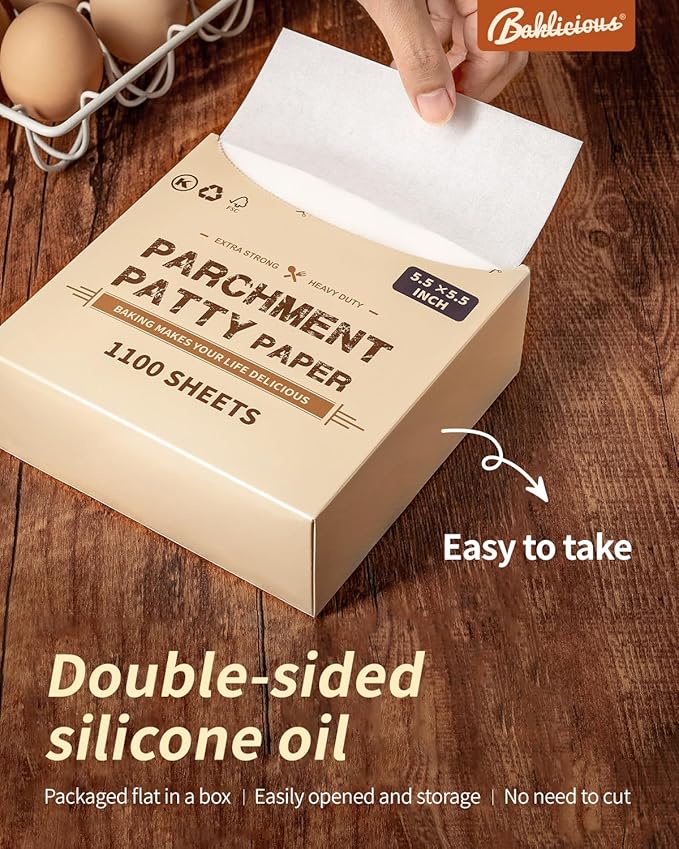 Baklicious Hamburger Patty Paper ??1100Pcs of 5.5"x5.5" Non-Stick Patty Paper Squares ??Craft Perfect Burgers! Elevate Your Game with Seamless Separation & Versatile Use in Oven, Microwave,Freezer!