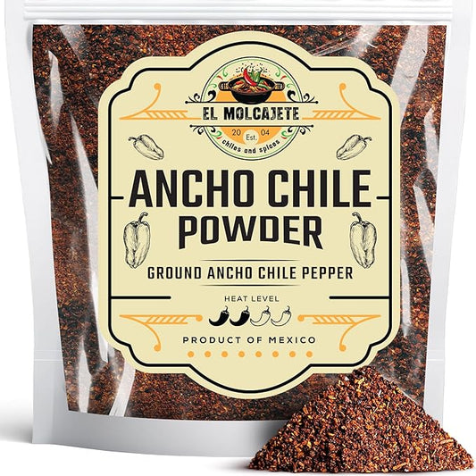 Ancho Chile Powder 4 oz Premium Single Ingredient From Mexico El Molcajete Brand for Sauces, Salsa, Pasta, Chili, Meat, Pizza, Potatoes, Vegetables, Soups, Stews, Chicken and BBQ