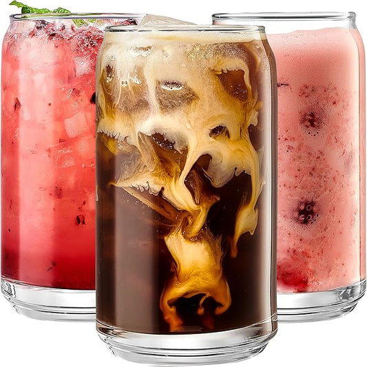 Le'raze Set of 6 Can Shaped Margarita Drinking Glasses Goblet - 16oz Clear Cups for Cocktails, Iced Coffee, Tea, Soda, Whiskey and Beer