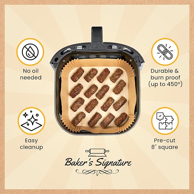 Air Fryer Paper Liners, 125Pcs Air Fryer Disposable Liners, Non-Stick and Oil Proof for Easy Cleanup, 8??Square for 5-8 qt Basket by Baker's Signature