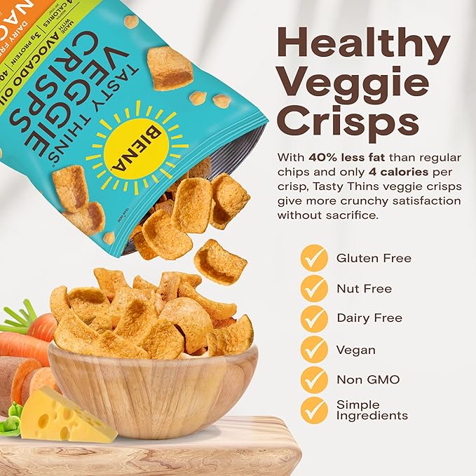 BIENA Tasty Thins Veggie Crisps ??Made with Avocado Oil - Nacho, 4-Pk 4oz Bags ??Chickpeas & Veggies, Vegan, Gluten Free, Dairy-Free, Non-GMO, Allergy-Friendly, Healthy Snacks for Adults & Kids