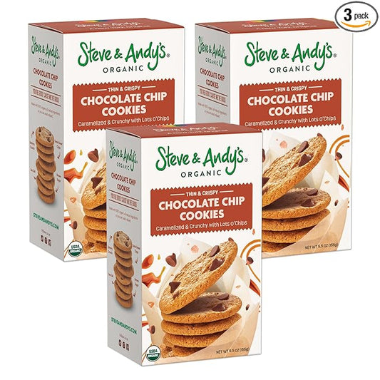 ?œSteve & Andy?™s Thin & Crispy Scrumptious Chocolate Chip Cookies - Organic & Gluten Free, Non-Gmo, Nut Free, Wheat Free, Soy Free - 3 Boxes,16.5 Oz (30 Cookies)