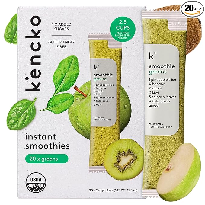 kencko Greens Smoothie Mix Packets - 20 Instant Breakfast Smoothies Made of Nature?™s Original Superfoods - Pineapple, Apple, Kale, Spinach & More - Organic Fruit & Veggie Healthy Smoothies