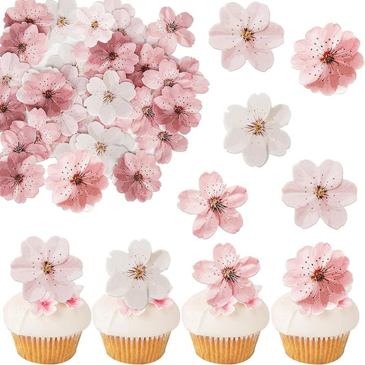 40 PCS Edible Cherry Blossoms Cupcake Toppers Edible Cherry Blossoms Flowers Cake Decorations Wafer Paper Flowers Cupcake Topper for Baby Shower Kids Birthday Party Decorations Supplies Colorful