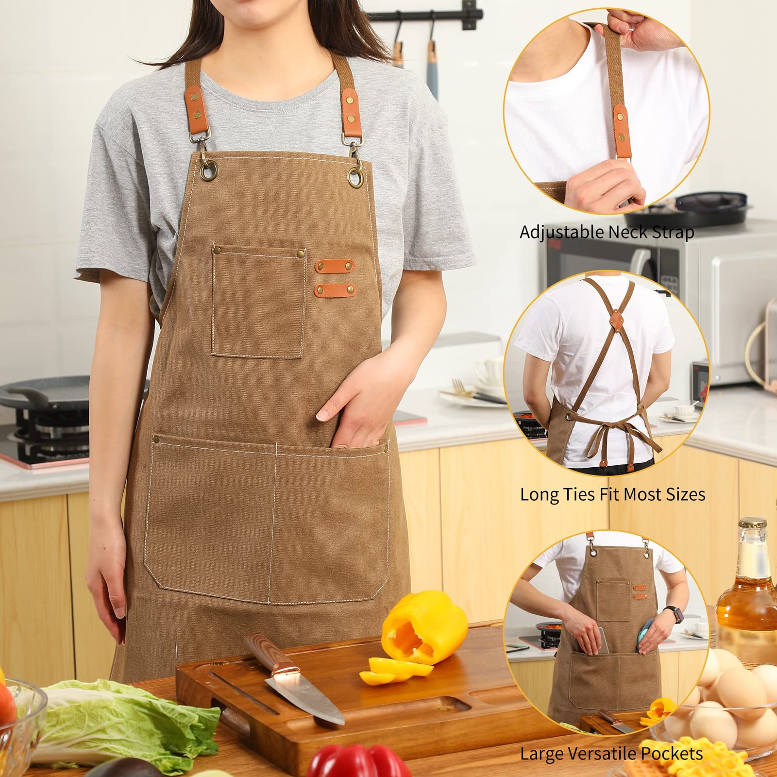 Tosewever Canvas Cross Back Chef Apron for Men Women with Adjustable Straps Large Pockets