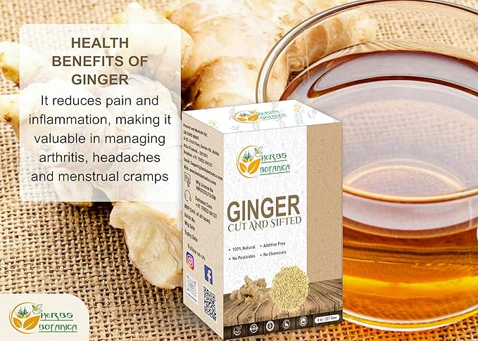 Herbs Botanica Dried Ginger Root Cut And Sifted for Teas, Tinctures and Infused oils. | Flavour India Spice, Food Grade, Non Irradiated, NON GMO | 1/2 Lb or 8 oz
