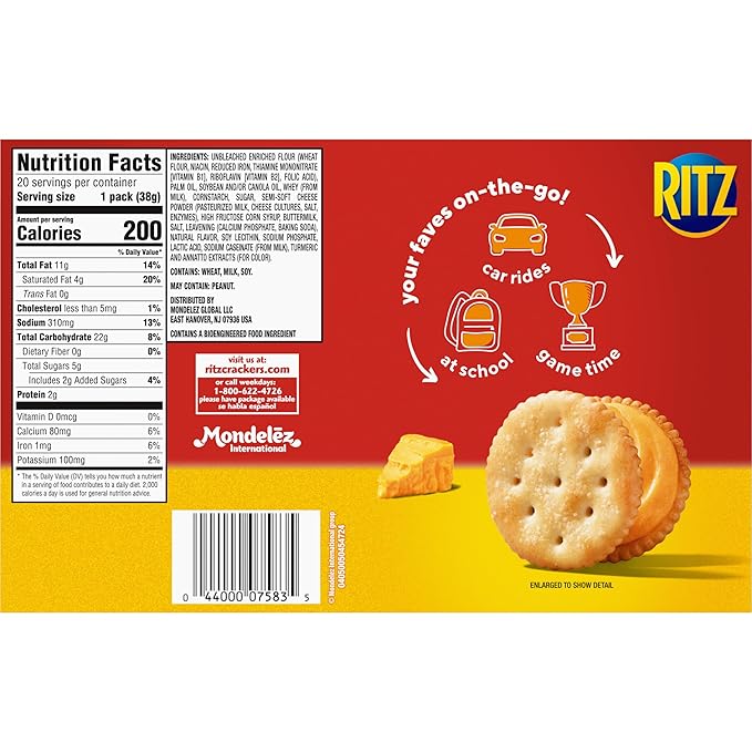 RITZ Cheese Sandwich Crackers, 20 Snack Packs (6 Crackers Per Pack) (Pack of 2)