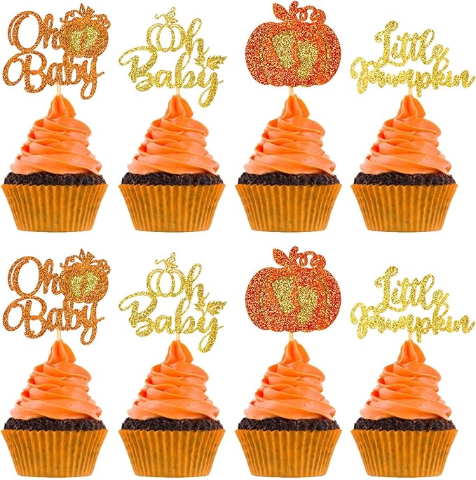 24pcs Pumpkin Cupcake Toppers Glitter Baby Cupcake Picks for Thanksgiving Themed Baby Shower Birthday Cake Decorations Party Supplies