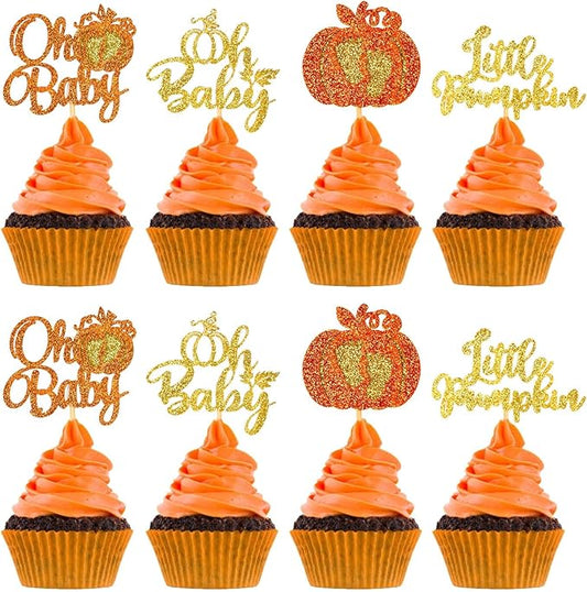 24pcs Pumpkin Cupcake Toppers Glitter Baby Cupcake Picks for Thanksgiving Themed Baby Shower Birthday Cake Decorations Party Supplies