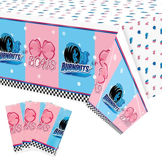 3Pcs Burnouts or Bows Gender Reveal Tablecloth Boy or Girl Plastic Table Cover He or She Party Decorations Supplies for Baby Shower Baby Gender Reveal Birthday Dessert Buffet Banquet Table Decor