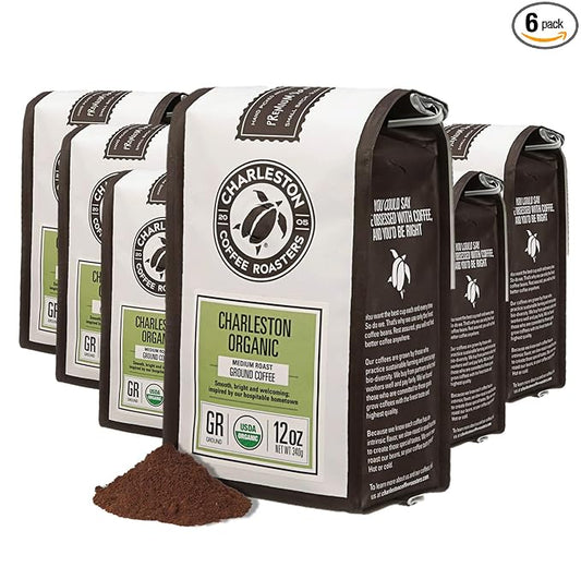 Charleston Coffee Roasters | Specialty Organic Ground Coffee | Hand Picked, Premium Slow Roast (Charleston Organic, Medium Roast) 12oz, 6 pack