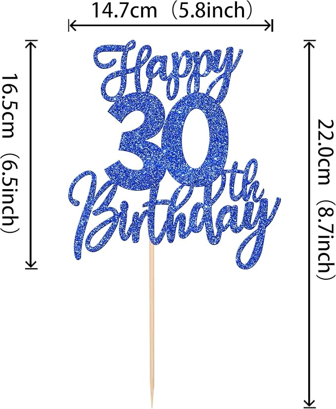 1 PCS Happy 30th Birthday Cake Topper Glitter Cheers to 30 Years Birthday Cake Pick Thirty Hello 30 Fabulous Cake Decoration for Happy 30th Birthday Anniversary Party Decorations Supplies Blue