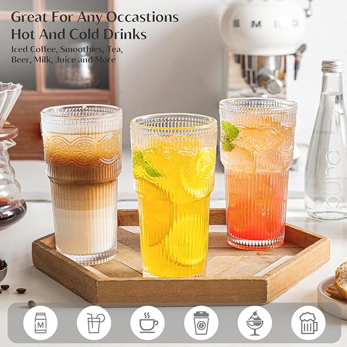 INSETLAN 20oz Ribbed & Floral Glasses Drinking Set of 6- Clear Glass Tumbler, Reusable Glass Cups for Iced Coffee, Water, Beer, Smoothies, Tea, and Juice ??Perfect for Party and Daily Use