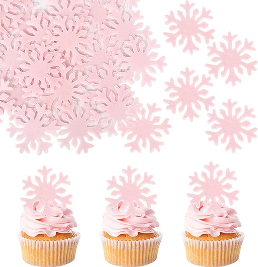 50 PCS Pink Edible Snowflake Cupcake Toppers Edible Snowflakes Cupcake Picks Wafer Paper Frozen Cake Toppers for Christmas Winter Frozen Theme Baby Shower Birthday Party Cake Decorations Supplies