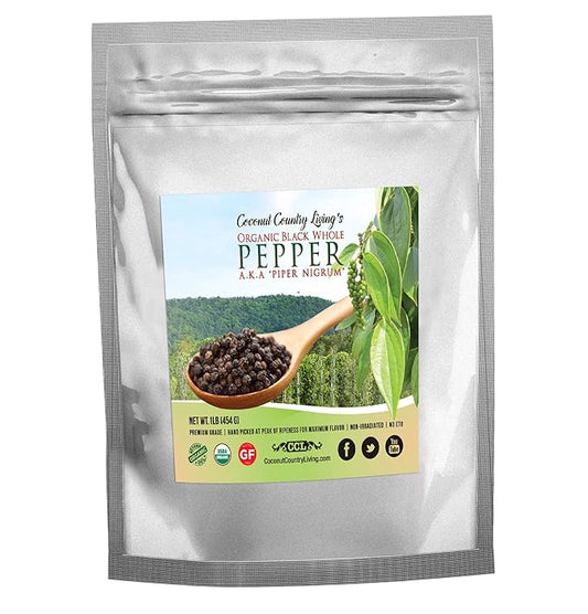 Organic Whole Black Peppercorns for Grinder Refill - 16 oz / 1 lb, Premium Whole Black Pepper Packed Fresh, Aromatic and Flavourful Spice, Non-GMO, Fair Trade