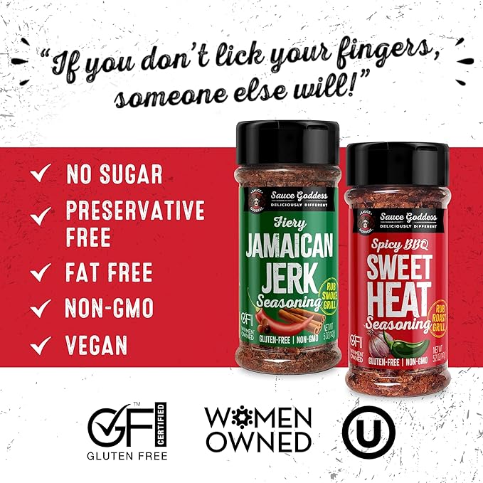 Sauce Goddess - Spicy BBQ Sweet Heat & Fiery Jamaican Jerk Duo Premium Spices, No MSG, No Additives, Plant-Based, Shakers for Meat & Veggies - 2-Pack