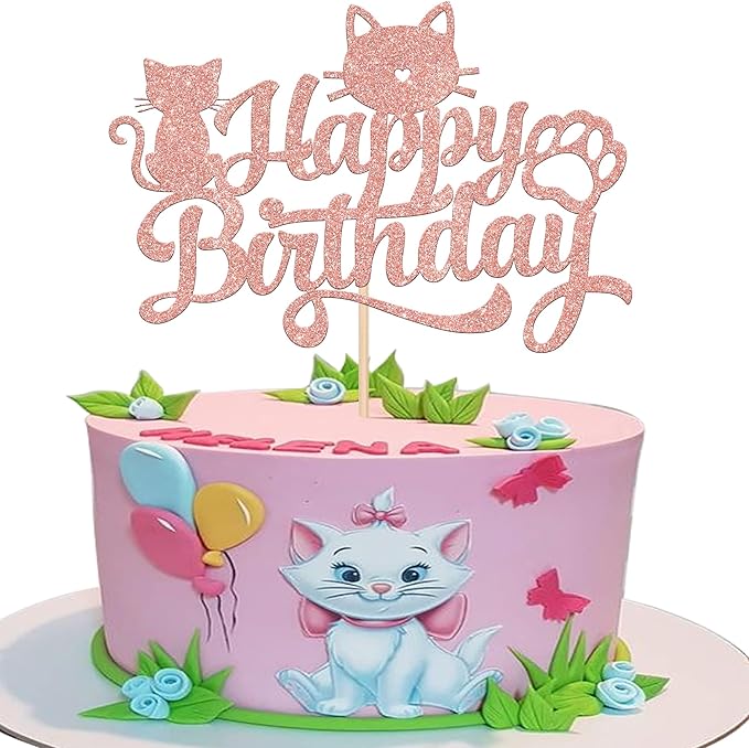 1 Pack Cat Happy Birthday Cake Topper Glitter Black Lovely Cat Cupcake Food Picks Cat Lover Kitten Pet Theme Baby Shower Kids Birthday Wedding Party Cake Decoration Supplies Rose Gold