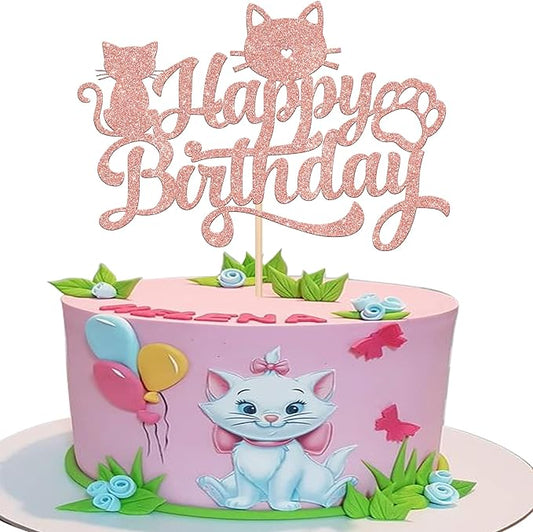 1 Pack Cat Happy Birthday Cake Topper Glitter Black Lovely Cat Cupcake Food Picks Cat Lover Kitten Pet Theme Baby Shower Kids Birthday Wedding Party Cake Decoration Supplies Rose Gold