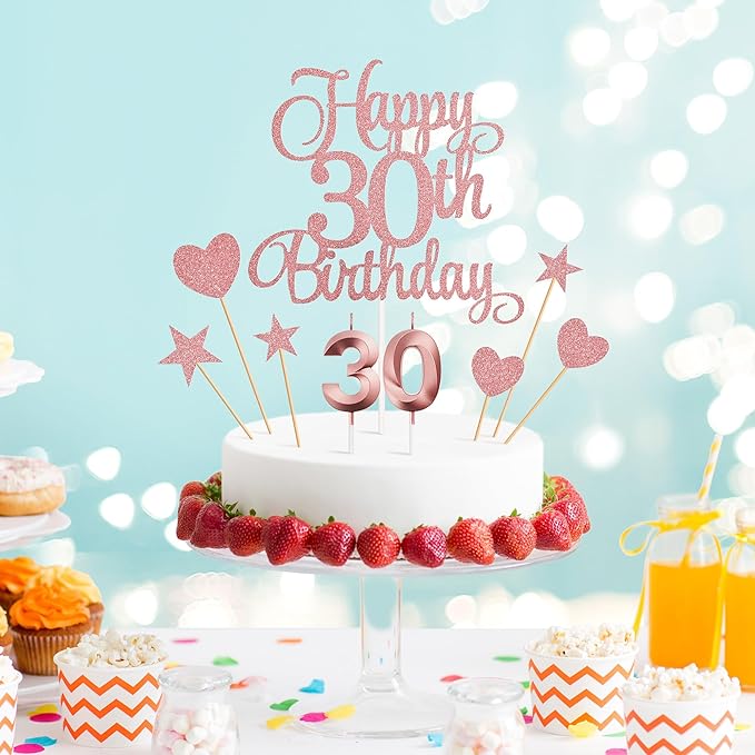 30th Birthday Cake Toppers, 30th Birthday Candles Numeral Candles and Glitter Cake Decorations Toppers Set for Party Supplies (Rose Gold)