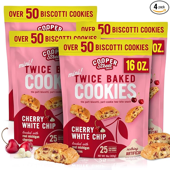 Cooper Street Twice-Baked Cherry White Chip Biscotti Cookies (16 oz Pack of 4) ??Over 50 Biscotti Cookies per Bag Loaded with Real Fruit, Traditional Italian Style Snacks - Dairy, Peanut & Soy Free