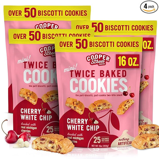 Cooper Street Twice-Baked Cherry White Chip Biscotti Cookies (16 oz Pack of 4) ??Over 50 Biscotti Cookies per Bag Loaded with Real Fruit, Traditional Italian Style Snacks - Dairy, Peanut & Soy Free