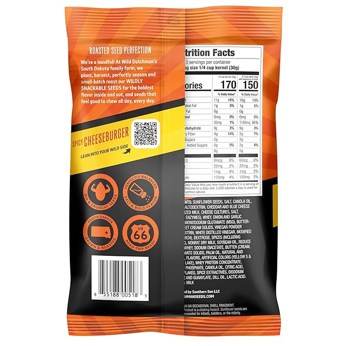 Wild Dutchman, Roasted Sunflower Seeds, Mouth Friendly Recipe for All Day Snacking, Spicy Cheeseburger, 5.5 oz (Pack of 12)