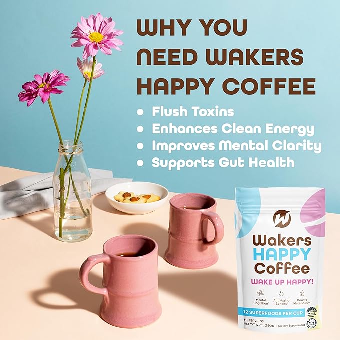 Wakers HAPPY Coffee supports energy, focus, anti-aging, and metabolism. Made in the USA with natural ingredients and Keto-friendly. Reminding you to wake up happy!