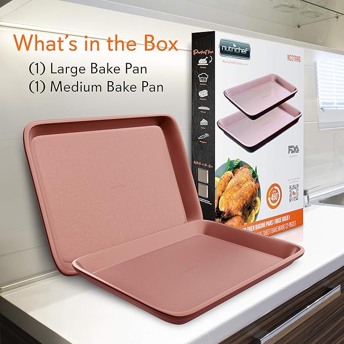 NutriChef 2-Piece Nonstick Cookie Sheets for Baking - Premium Medium & Large Size Baking Sheet Set - Thick Carbon Steel Bakeware Trays - Dishwasher Safe, Rose Gold