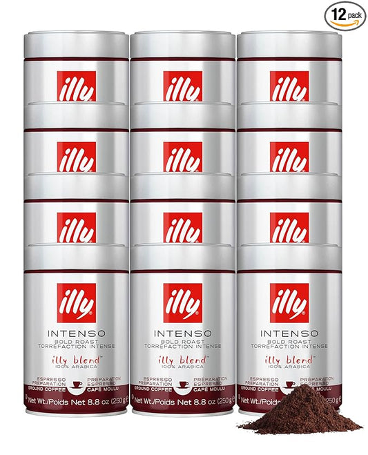 Illy Ground Espresso Coffee, Intenso Bold Roast - Bold & Flavorful - 100% Arabica - Pre-Ground for Espresso - Pressurized Packaging Sealed for Freshness - 8.8oz - (Pack of 12)