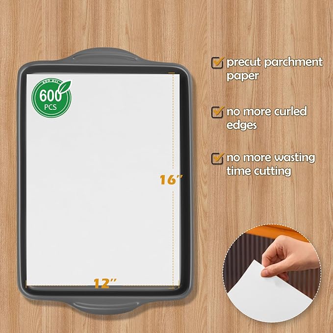 600Pcs Parchment Paper Sheets for Baking, 12 x 16 Inch, White, Non-Stick Precut Half Sheet Parchment Paper for Baking, Cooking, Air Fryer, Oven