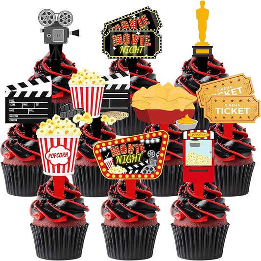 40 Pcs Movie Night Cupcake Toppers - Perfect Party Decorations for Birthdays, Hollywood Baby Showers, and Themed Cakes
