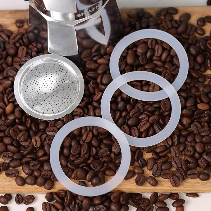 Sivaphe 6 Cups Moka Pot Replacement Infuser Parts Only for Aluminum Italian Stovetop Espresso Coffee Maker, 1 Filter and 3 Silicone Gasket Seals