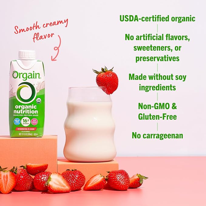 Orgain Organic Nutritional Shake, Strawberries & Cream - Meal Replacement, 16g Protein, 21 Vitamins & Minerals, Gluten Free, Soy Free, Kosher, Non-GMO, 11 Fl Oz (Pack of 12) (Packaging May Vary)