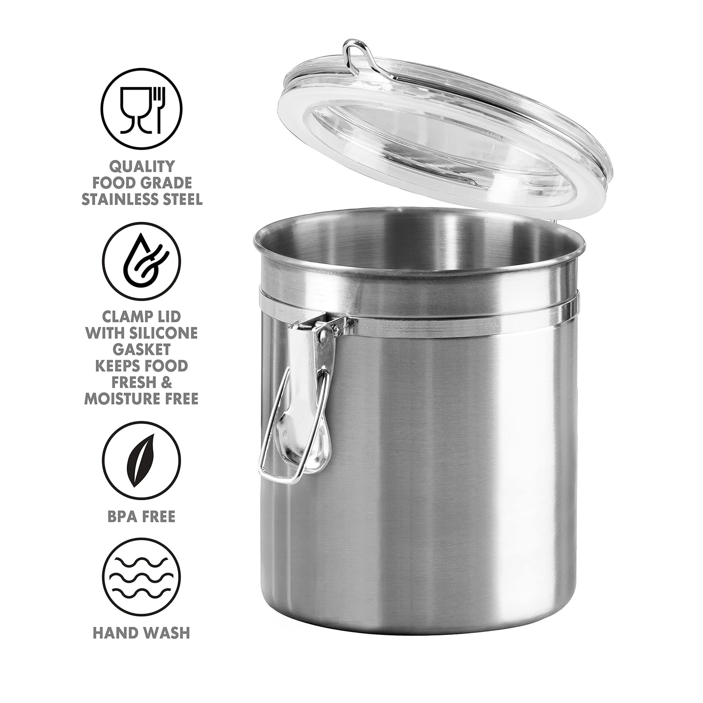 Oggi Set of 4 Stainless Steel Kitchen Canisters - Airtight Clamp Lid, Clear See-Thru Top - Ideal